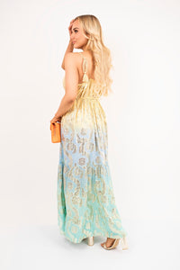Sleeveless V-Neck Maxi Dress with Metallic Print Detail