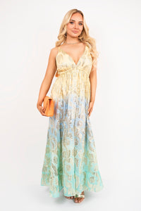 Sleeveless V-Neck Maxi Dress with Metallic Print Detail