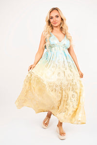 Sleeveless V-Neck Maxi Dress with Metallic Print Detail
