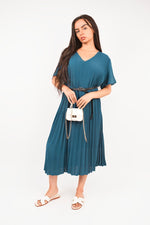 Load image into Gallery viewer, Short Sleeve Pleated Midi Dress with Waist Belt
