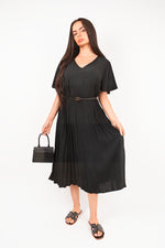 Load image into Gallery viewer, Short Sleeve Pleated Midi Dress with Waist Belt
