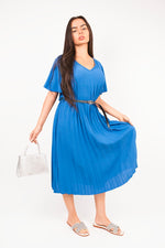 Load image into Gallery viewer, Short Sleeve Pleated Midi Dress with Waist Belt
