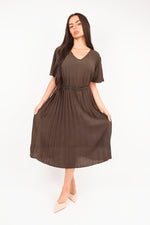 Load image into Gallery viewer, Short Sleeve Pleated Midi Dress with Waist Belt
