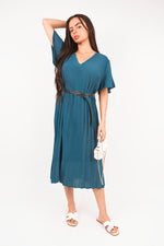 Load image into Gallery viewer, Short Sleeve Pleated Midi Dress with Waist Belt
