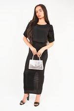 Load image into Gallery viewer, Ruched Short Sleeve Maxi Dress with Draped Bodice
