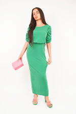 Load image into Gallery viewer, Ruched Short Sleeve Maxi Dress with Draped Bodice
