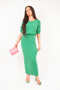 Ruched Short Sleeve Maxi Dress with Draped Bodice