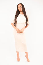 Load image into Gallery viewer, Ruched Short Sleeve Maxi Dress with Draped Bodice
