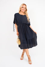 Load image into Gallery viewer, Round Neck Short Sleeve Midi Dress with Tie Sleeve Detail
