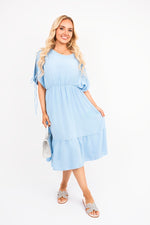 Load image into Gallery viewer, Round Neck Short Sleeve Midi Dress with Tie Sleeve Detail
