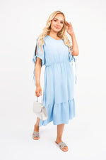 Load image into Gallery viewer, Round Neck Short Sleeve Midi Dress with Tie Sleeve Detail
