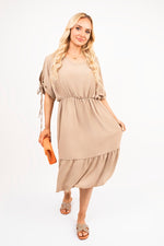Load image into Gallery viewer, Round Neck Short Sleeve Midi Dress with Tie Sleeve Detail
