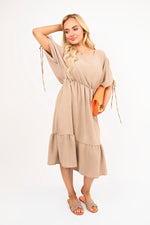 Load image into Gallery viewer, Round Neck Short Sleeve Midi Dress with Tie Sleeve Detail
