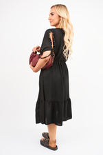 Load image into Gallery viewer, Round Neck Short Sleeve Midi Dress with Tie Sleeve Detail
