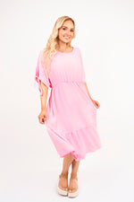 Load image into Gallery viewer, Round Neck Short Sleeve Midi Dress with Tie Sleeve Detail
