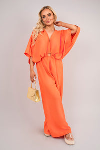 V-Neck Wide Sleeve Jumpsuit with Ring Front Detail