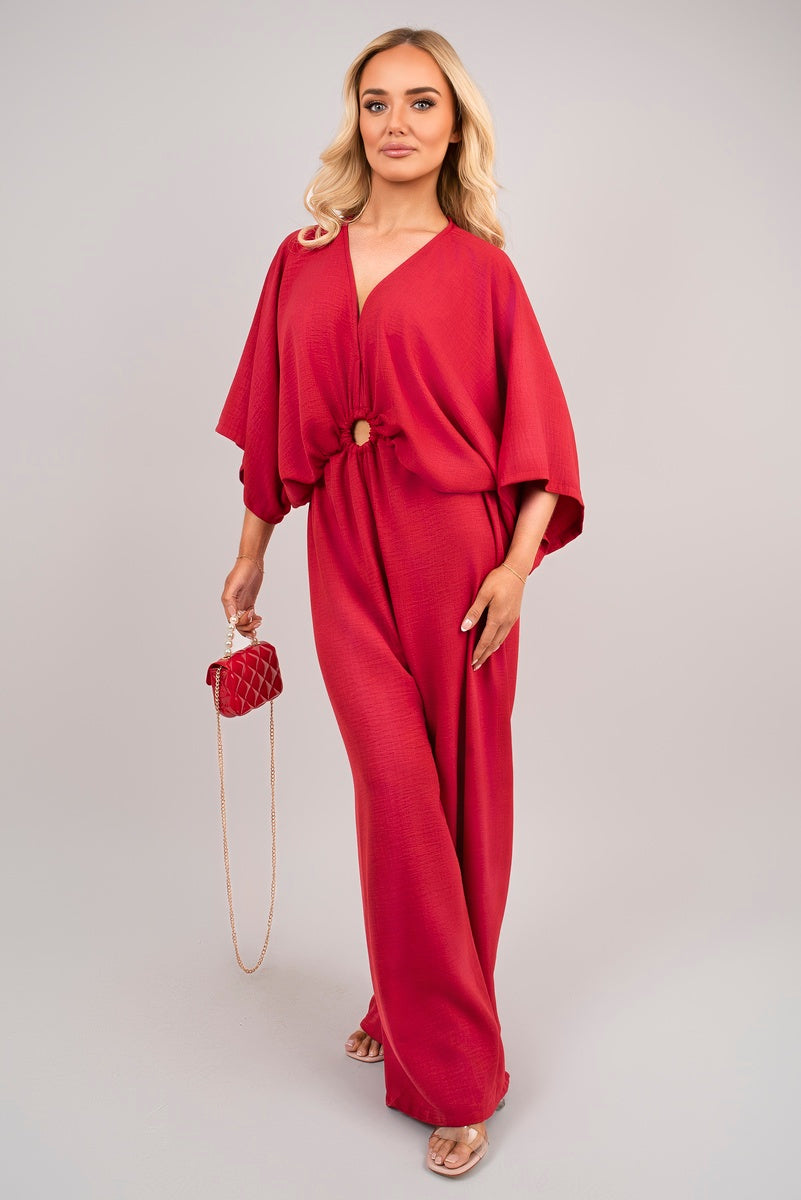 V-Neck Wide Sleeve Jumpsuit with Ring Front Detail