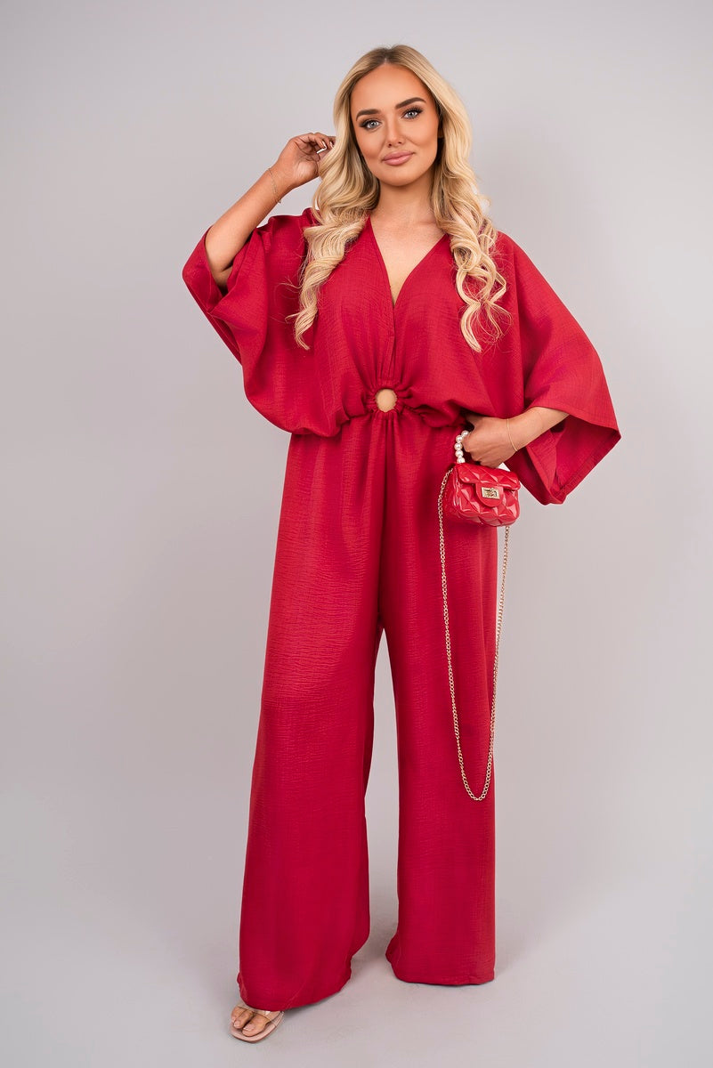 V-Neck Wide Sleeve Jumpsuit with Ring Front Detail