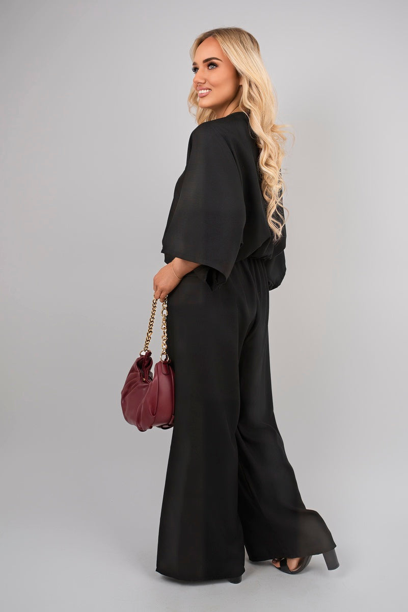V-Neck Wide Sleeve Jumpsuit with Ring Front Detail