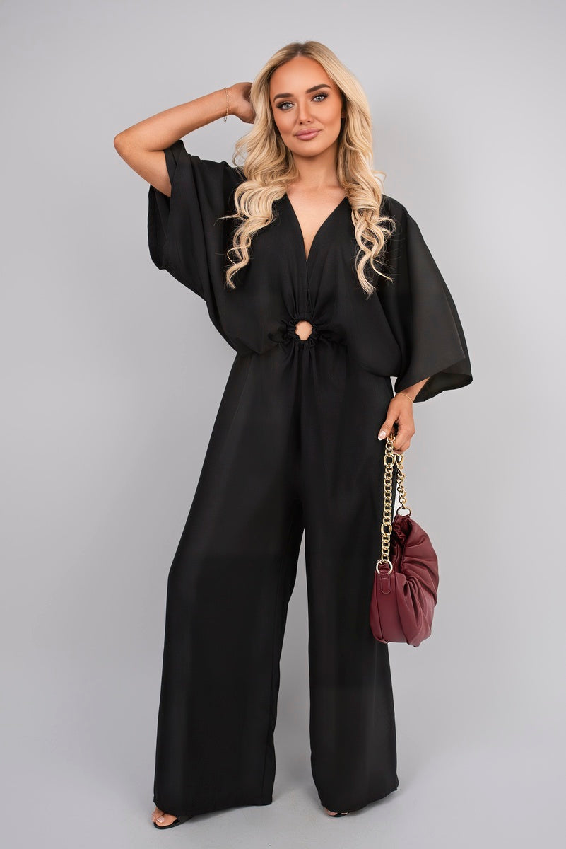V-Neck Wide Sleeve Jumpsuit with Ring Front Detail