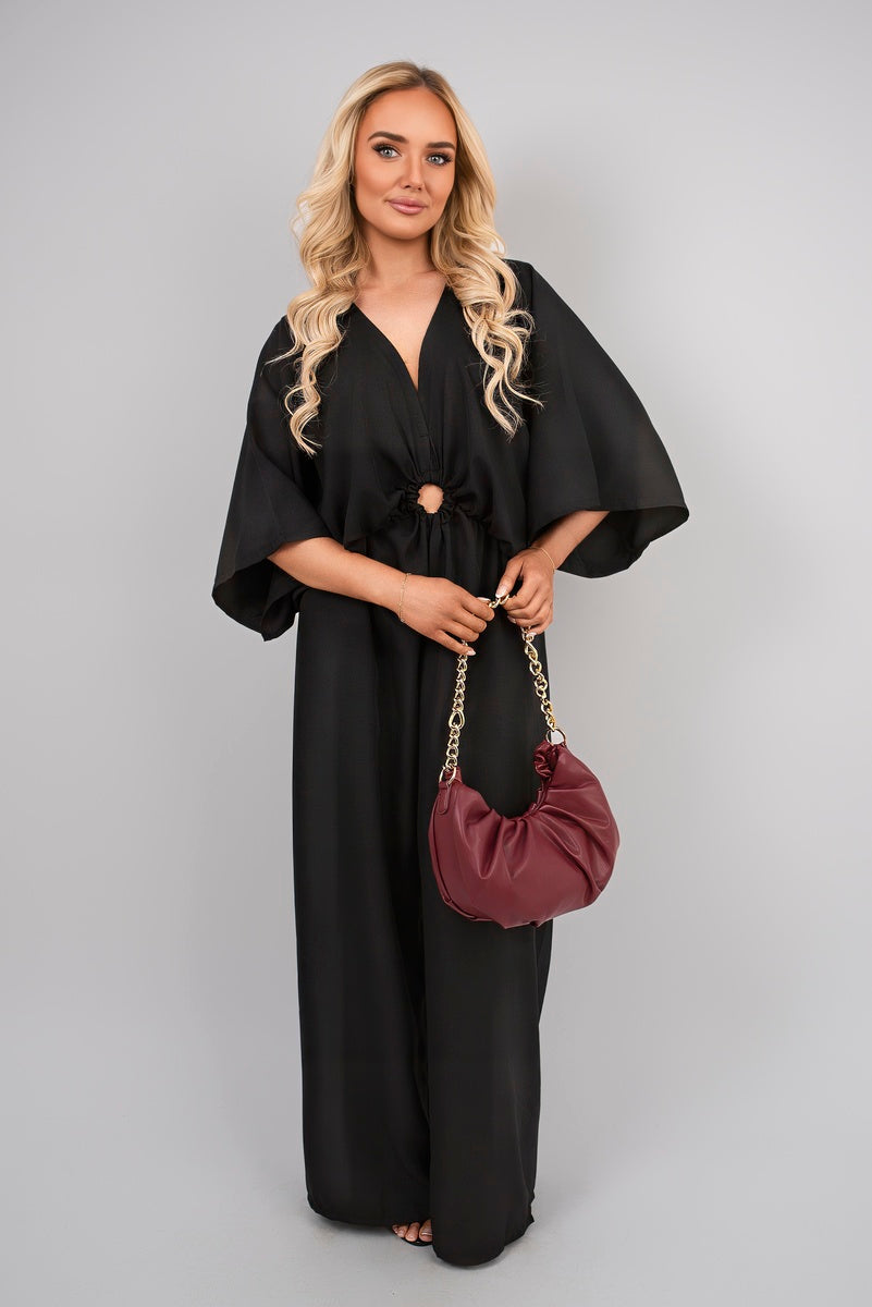 V-Neck Wide Sleeve Jumpsuit with Ring Front Detail