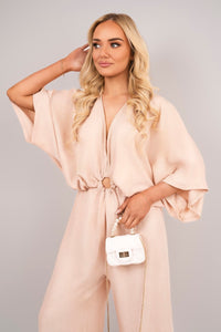 V-Neck Wide Sleeve Jumpsuit with Ring Front Detail