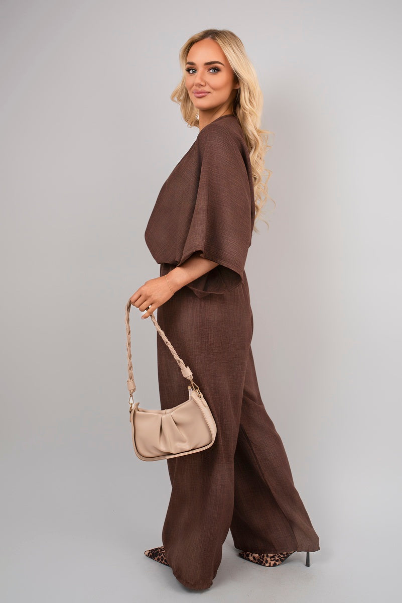 V-Neck Wide Sleeve Jumpsuit with Ring Front Detail