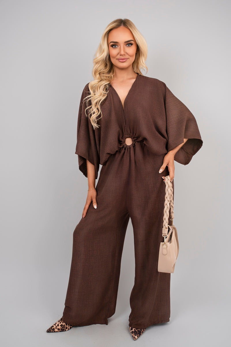 V-Neck Wide Sleeve Jumpsuit with Ring Front Detail