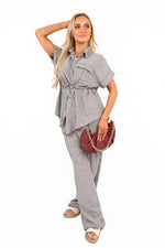 Load image into Gallery viewer, Collared Short Sleeve with Tie Waist &amp; Wide Leg Trousers Co-ord Set
