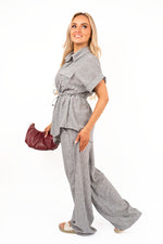 Load image into Gallery viewer, Collared Short Sleeve with Tie Waist &amp; Wide Leg Trousers Co-ord Set
