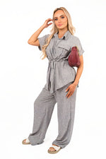 Load image into Gallery viewer, Collared Short Sleeve with Tie Waist &amp; Wide Leg Trousers Co-ord Set
