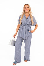 Load image into Gallery viewer, Collared Short Sleeve with Tie Waist &amp; Wide Leg Trousers Co-ord Set
