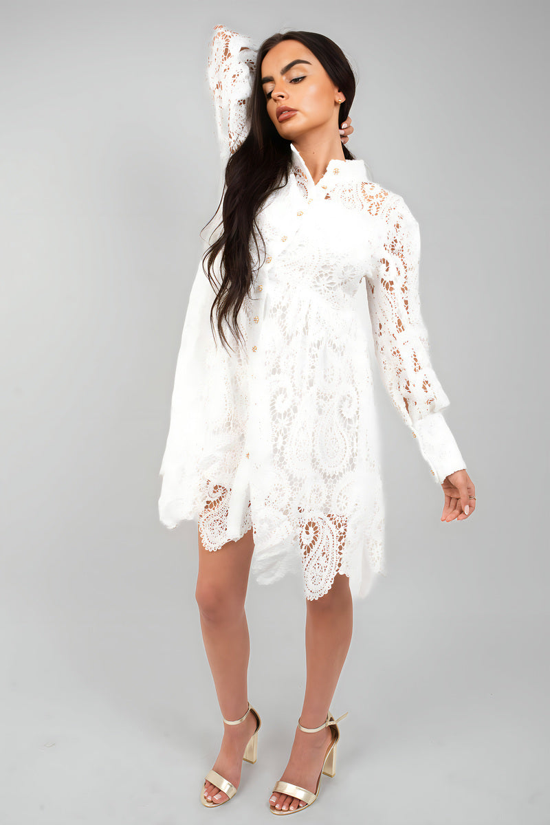 Button Up Lace Long Sleeve Mini Dress
