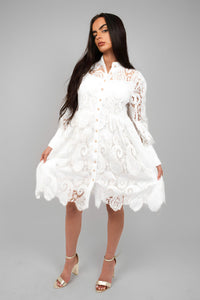 Button Up Lace Long Sleeve Mini Dress