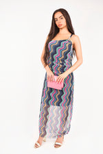 Load image into Gallery viewer, Wavy Print Ruched Mesh Strap Maxi Dress
