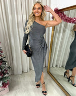 Load image into Gallery viewer, One Shoulder Wrap Front Glitter Midi Dress
