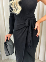 Load image into Gallery viewer, One Shoulder Wrap Front Glitter Midi Dress
