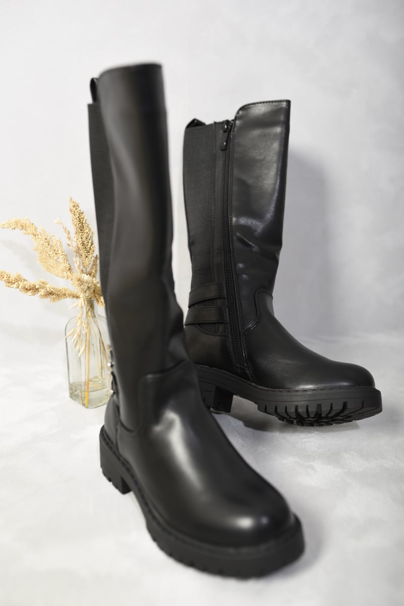 Kid's Double Buckle Side Zip Knee High Boots