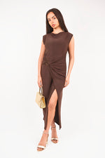 Load image into Gallery viewer, Sleeveless Drape Ring Detail Split Midi Dress
