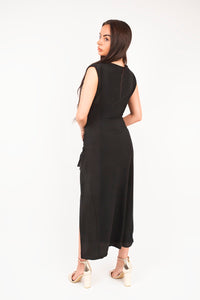 Sleeveless Drape Ring Detail Split Midi Dress