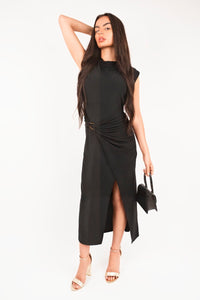 Sleeveless Drape Ring Detail Split Midi Dress