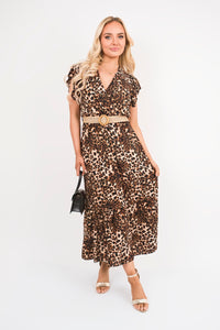 V-Neck Short Sleeve Tiered Midi Dress with Belt