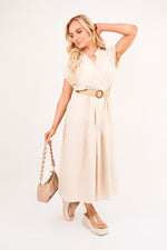Load image into Gallery viewer, V-Neck Short Sleeve Tiered Midi Dress with Belt
