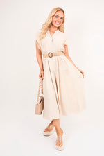 Load image into Gallery viewer, V-Neck Short Sleeve Tiered Midi Dress with Belt
