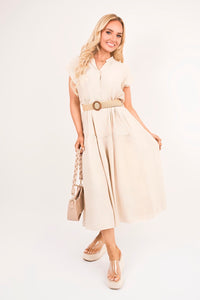 V-Neck Short Sleeve Tiered Midi Dress with Belt