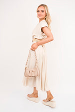 Load image into Gallery viewer, V-Neck Short Sleeve Tiered Midi Dress with Belt

