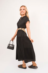 V-Neck Short Sleeve Tiered Midi Dress with Belt