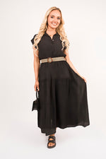Load image into Gallery viewer, V-Neck Short Sleeve Tiered Midi Dress with Belt
