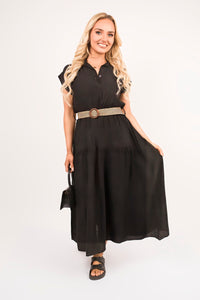 V-Neck Short Sleeve Tiered Midi Dress with Belt