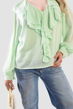 Load image into Gallery viewer, Ruffle Trim Front Long Sleeve Top
